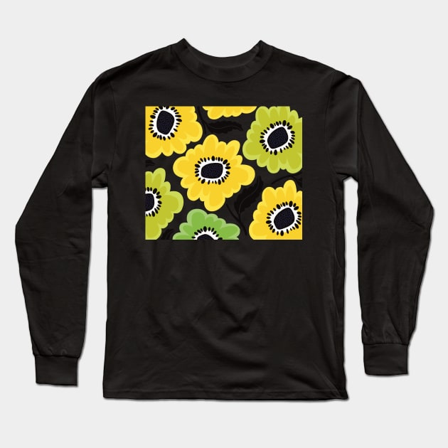 The Sunny flowerpower pattern in 1970-style, orange, black, yellow and white Long Sleeve T-Shirt by marina63